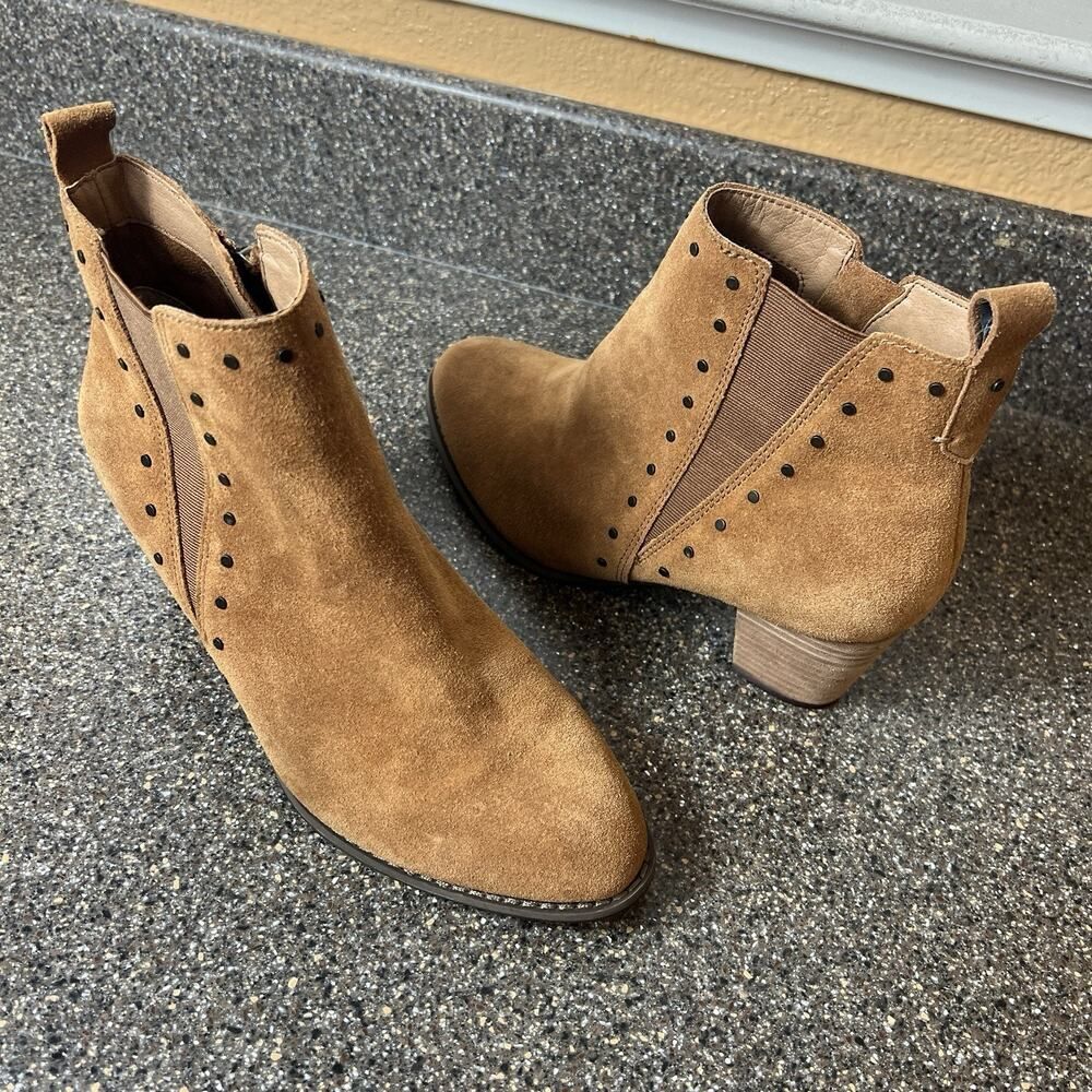 Vionic Rust/Tan Suede Ankle Bootie Zip Womens 7.5 Wide Block Heel Comfort Casual